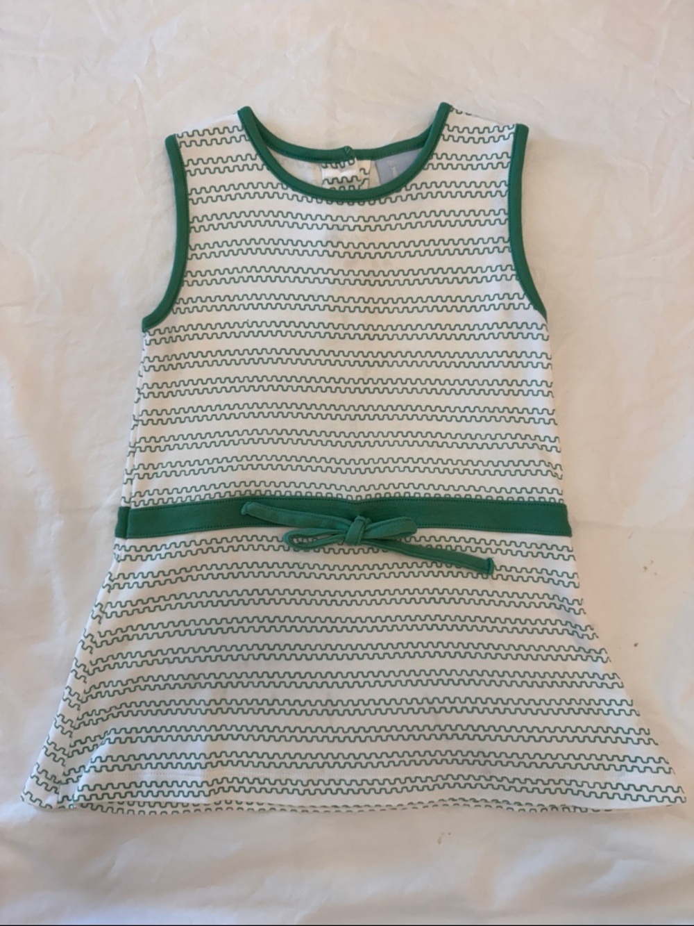 bella bliss White Knit Dress with Green Trim and Wave Stitch